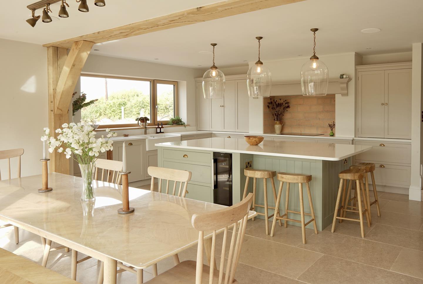 Sage & Cream Kitchen with neutral stone floor tile